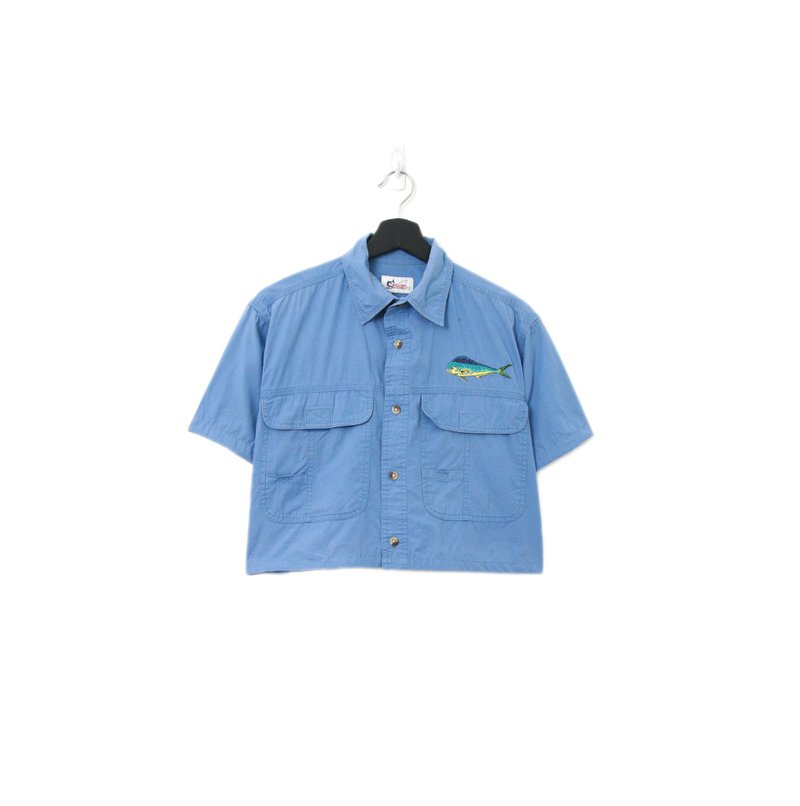 Back to Green-再製短板刺繡襯衫 清藍鰭魚 wt-17//vintage shirt - 女襯衫 - 棉．麻 
