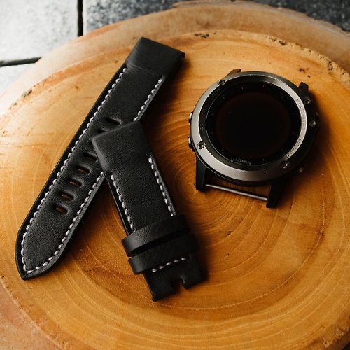 RuslieStraps Garmin Watch Black Leather Strap With Quickfit Garmin Connector