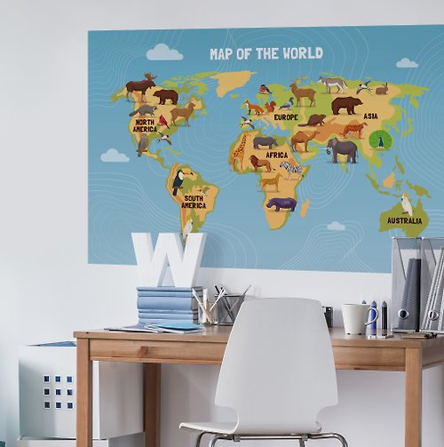 自由取材 Deco Life 【輕鬆壁貼】兒童世界地圖 | 動物系 - 無痕/居家裝飾