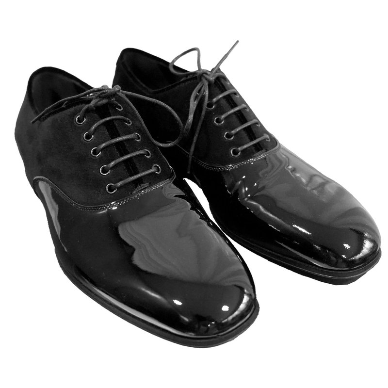 40號全新Ferragamo黑色真皮猄皮拼漆皮鞋 上班西裝禮服拉丁舞司儀 - 男皮鞋 - 真皮 黑色