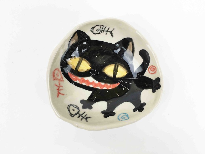Nice Little Clay handmade painted small dish _ smile black cat 0304-06 - Small Plates & Saucers - Pottery White