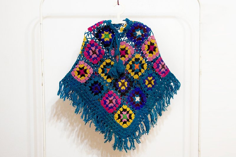 Knitted pure wool shawl / bohemian cape shawl / knitted flower cape / hand-woven scarf-blue - สเวตเตอร์ผู้หญิง - ขนแกะ หลากหลายสี