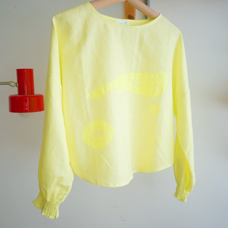 Beautiful lemon yellow linen ruffled sleeve top - sea, donuts, little hands - เสื้อผู้หญิง - ผ้าฝ้าย/ผ้าลินิน สีเหลือง