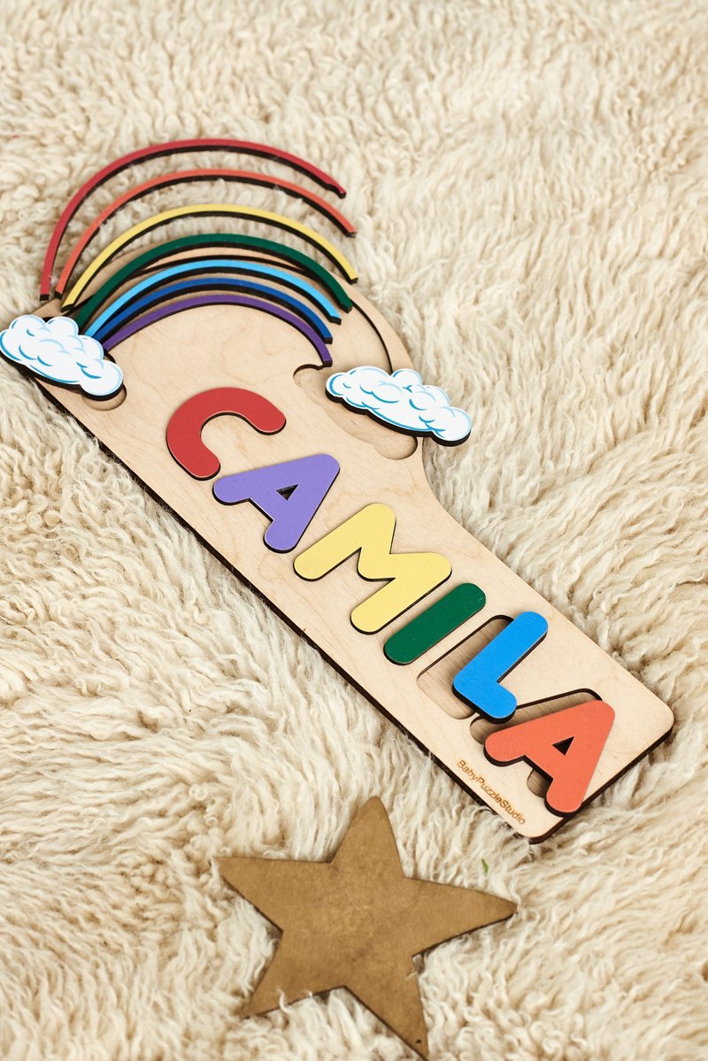 Customized Gift Wooden Rainbow Puzzle Baby Shower Gift, Baby Name Sign - 寶寶/兒童玩具/玩偶 - 木頭 多色