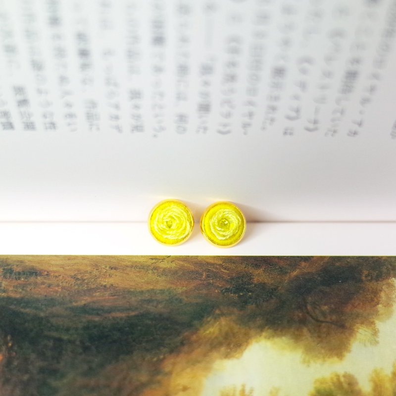 空想#14 莖幹玫瑰繡手刺繡耳環 耳夾/耳針 - 耳環/耳夾/耳骨夾 - 繡線 黃色