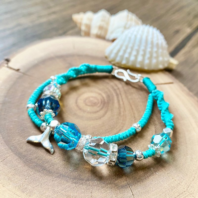 [Crystal s925 sterling silver] Handmade Wax thread bracelet - blue fish crystal - Bracelets - Cotton & Hemp 