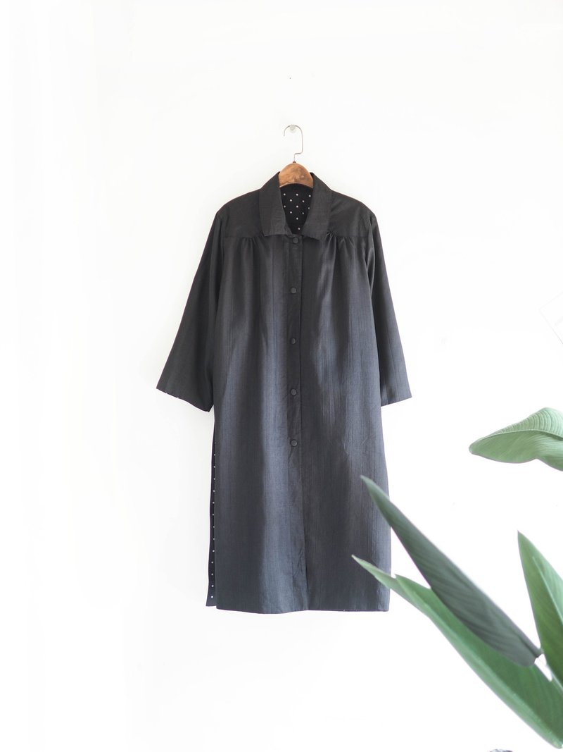 墨日全黑水玉碎點綁帶雙面穿 古董薄質風衣外套 dustcoat jacket - 女大衣/外套 - 聚酯纖維 黑色