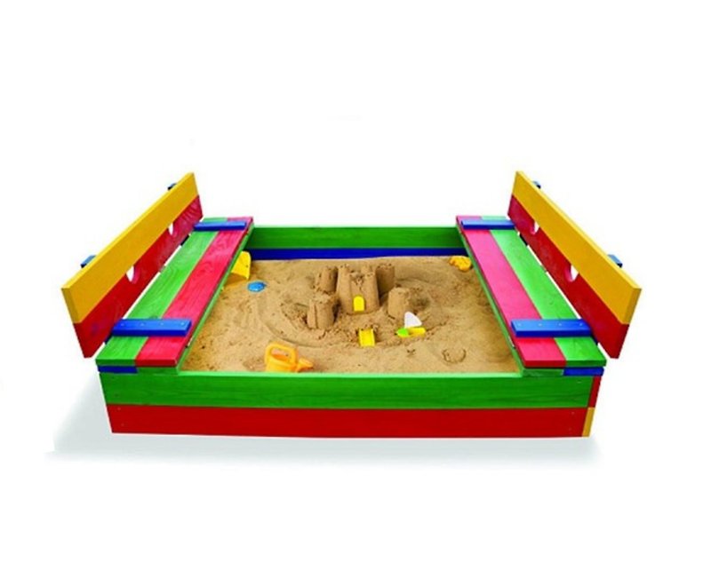 Wooden Color Kids Sandbox with Seats, Benches - Kids' Furniture - Wood Multicolor