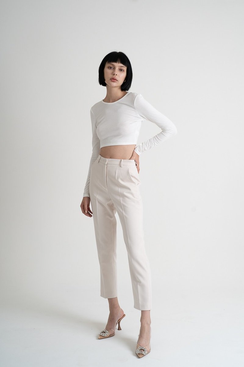 High Waist Jersey Trousers - White | 高腰九分西裝老爺褲-奶白 - 女長褲 - 聚酯纖維 白色