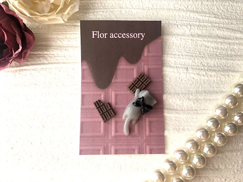 flor-accessory ネコ チョコ ピアス レジン リボン イエロー グレー ピンク