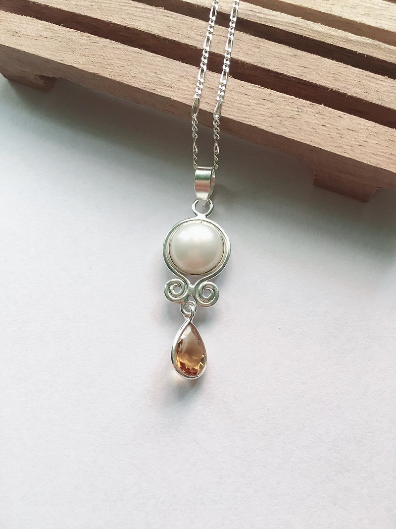 珍珠 黃水晶 吊墜 項鍊 尼泊爾 手工製 925純銀材質 - 項鍊 - 寶石 