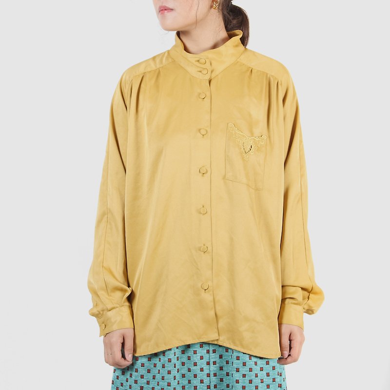 [Egg plant vintage] lemon ladies stand collar vintage shirt - Women's Shirts - Polyester Yellow