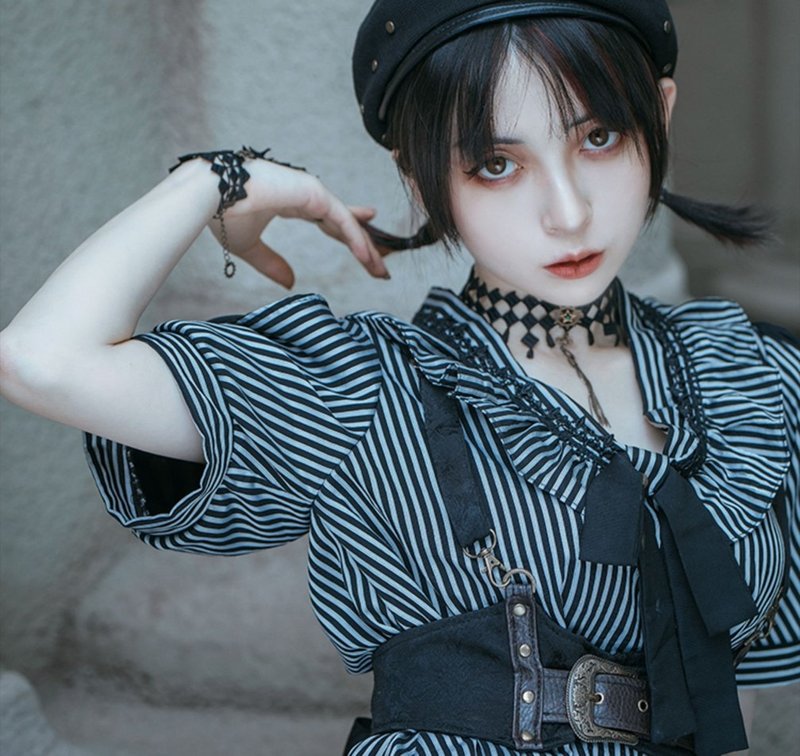 Steampunk Gothic Retro Striped Puff Sleeve A-Line Loose Babydoll Skirt OP - เสื้อสูท/เสื้อคลุมยาว - วัสดุอื่นๆ สีเทา