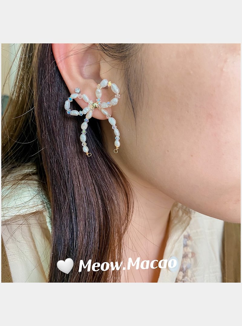 Freshwater Pearl Crystal Bow Earrings - Earrings & Clip-ons - Glass White