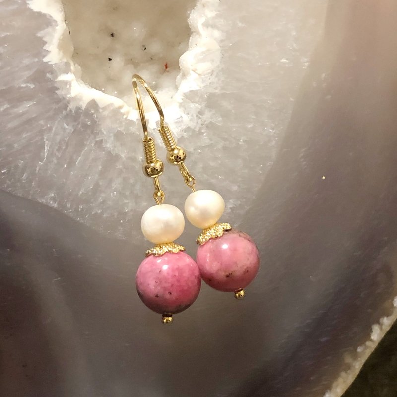 14K gold-plated freshwater pearl red rose rhodonite natural crystal customized earrings - Earrings & Clip-ons - Jade Pink