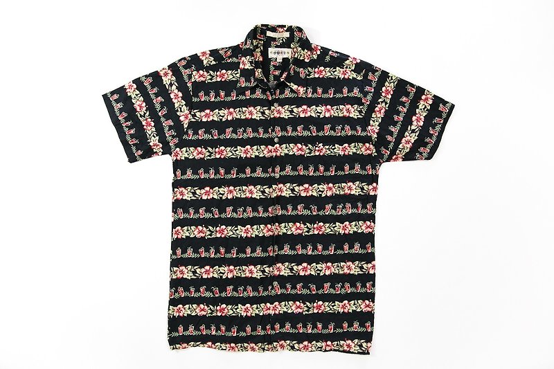 [3thclub Ming Ren Tang] Hawaii shirt black cocktail hibiscus Japanese HWS-003 vintage - Men's Shirts - Cotton & Hemp Black