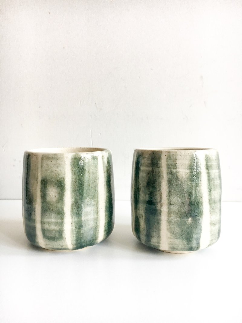 米色綠色條紋陶瓷茶杯一對 - 茶壺/茶杯/茶具 - 陶 多色
