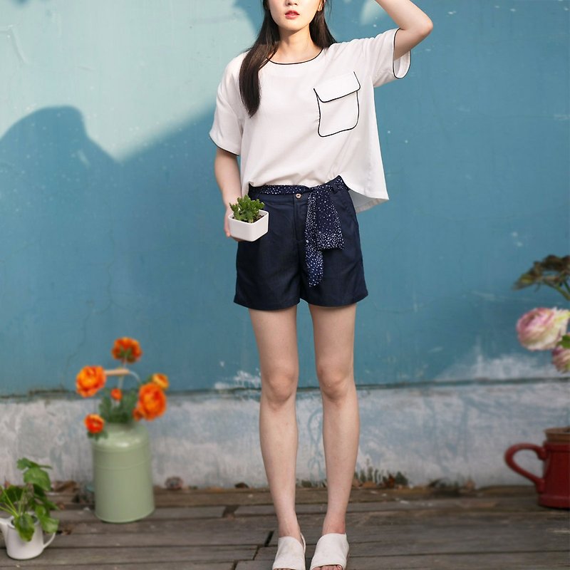 Annie Chen original design silk 2016 summer new literary casual elegance round neck cotton short-sleeved T-shirt shirt - Women's Tops - Cotton & Hemp White