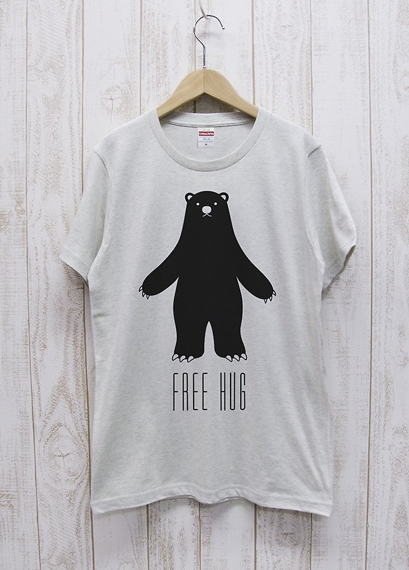 FREE HUG Black Bear Oatmeal / R014-T-OA - เสื้อฮู้ด - ผ้าฝ้าย/ผ้าลินิน ขาว