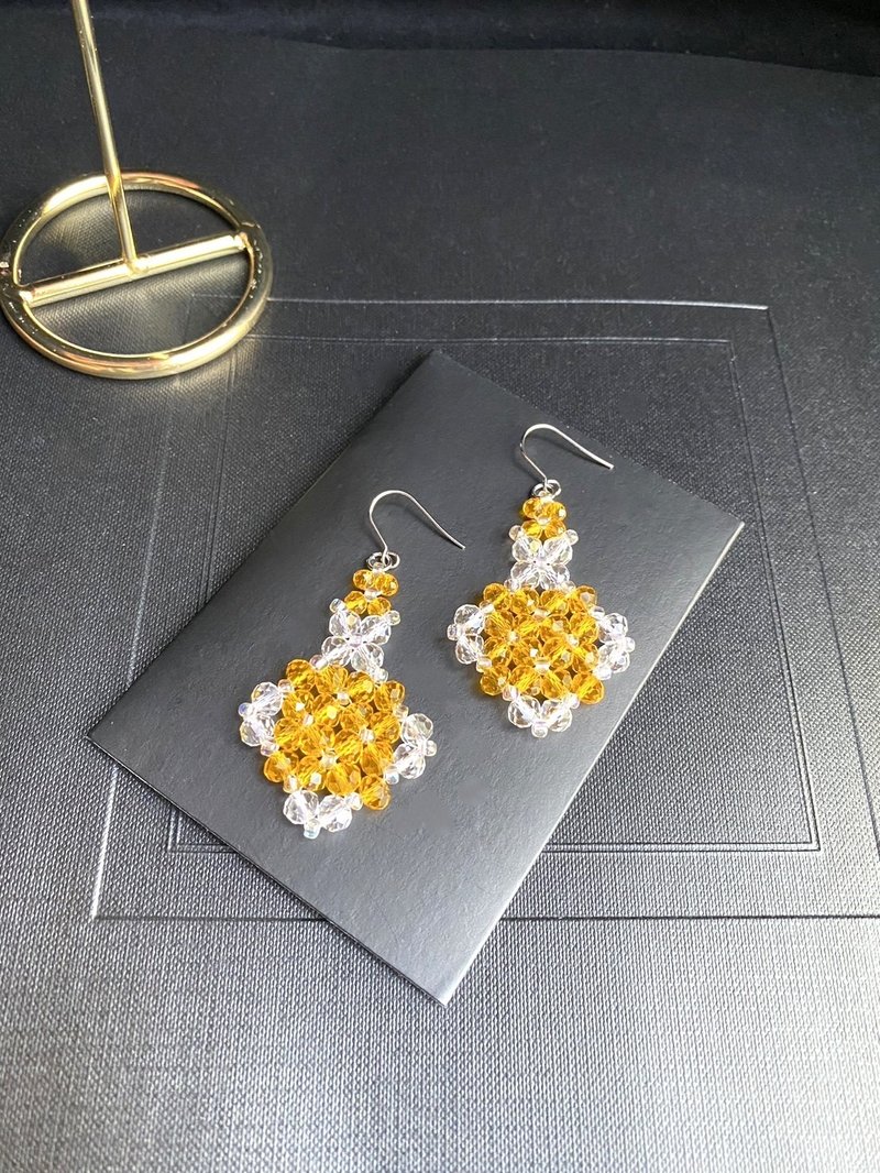 Unique design Czech crystal Japanese beads handmade braided earrings - Earrings & Clip-ons - Glass Yellow