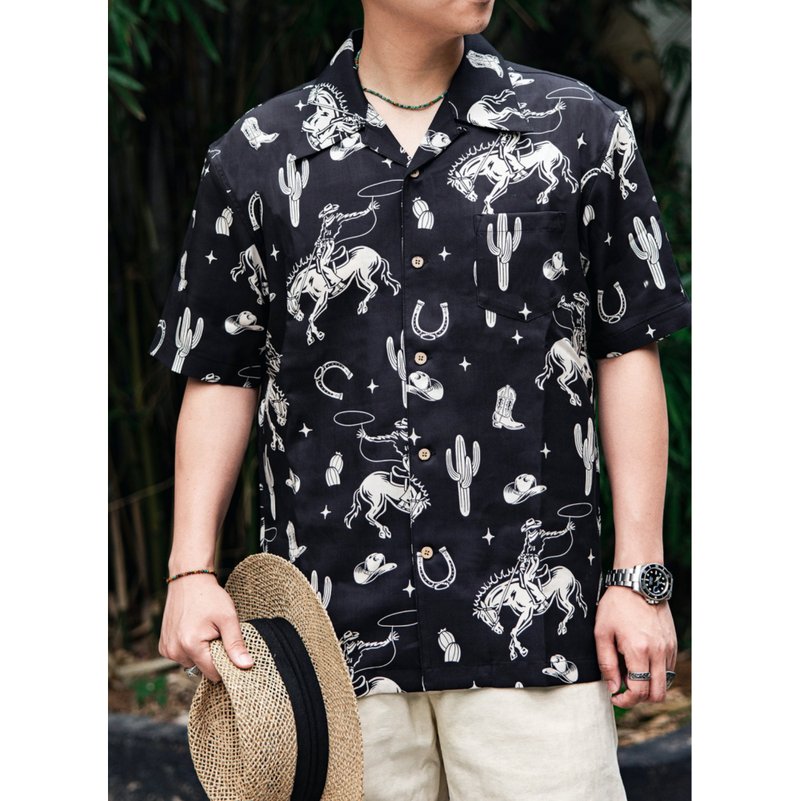 夏威夷襯衫 牛仔 仙人掌 黑色 親膚舒適 短袖 休閒 Aloha Shirt - 男襯衫/休閒襯衫 - 棉．麻 黑色