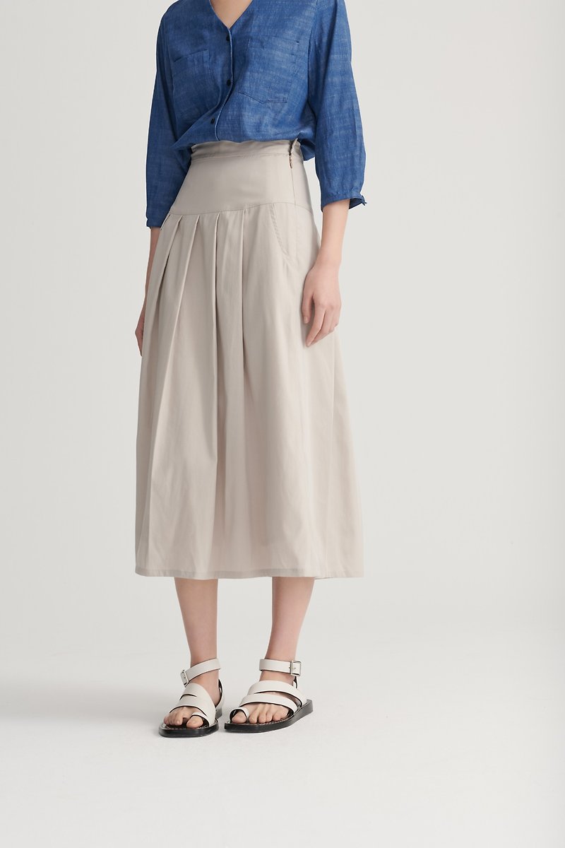 Shan Yong Wide Pleated Over-the-Knee Skirt (Two Colors) - Skirts - Cotton & Hemp 