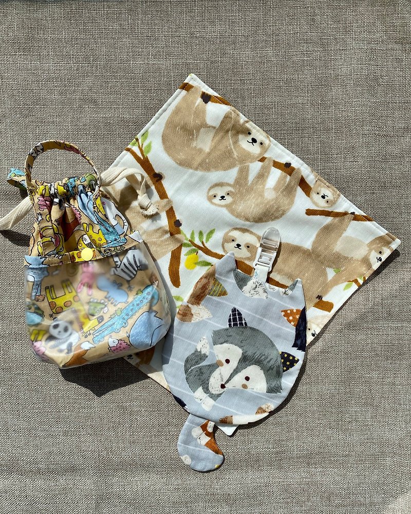 開學萬歲必備福袋-貓咪造型手帕夾+手帕+托藥袋-黃動物 - 圍兜/口水巾 - 棉．麻 