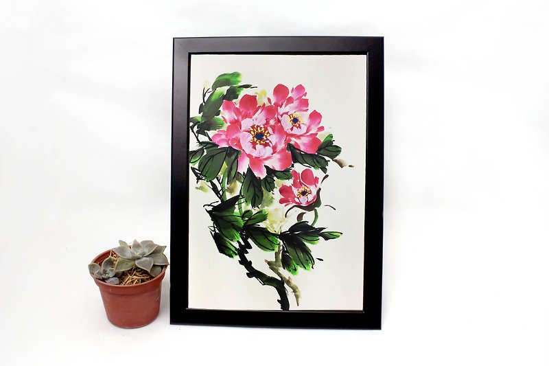 Love in Spring-Hand-painted Wall Paintings Rich and Noble Peony Chinese Painting Home Decorations (With Frame) - โปสเตอร์ - กระดาษ สีแดง