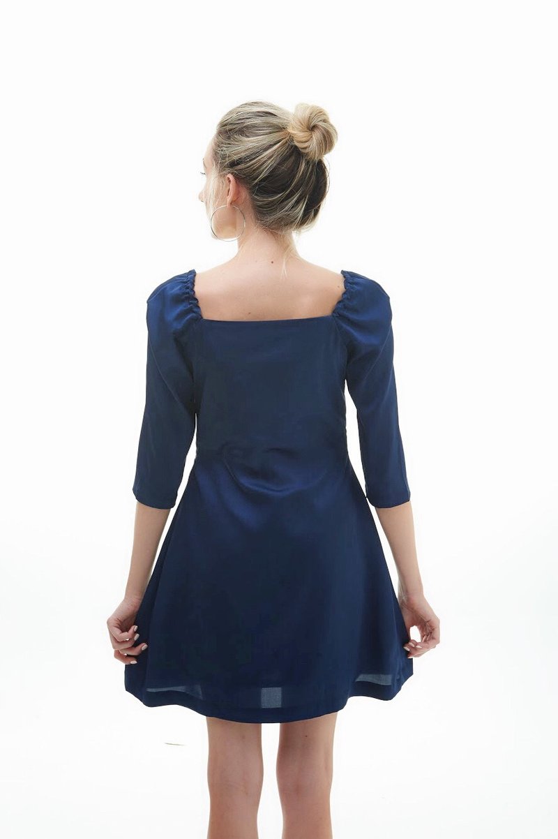 50% off in the season [Violet Pride and Elegance-Breasted Five-Sleeve Dress]-Textured Blue - One Piece Dresses - Polyester Blue