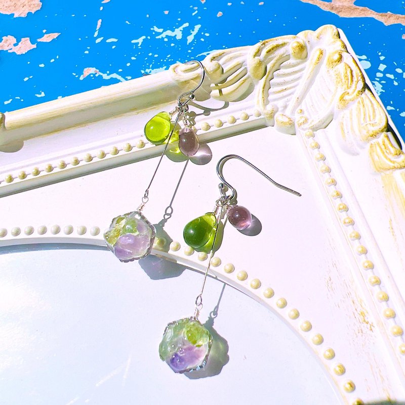 Natural Stone Amethyst/Peridot Hexagon Teardrop Glass Clip-On Hypoallergenic Surgical Stainless Steel 0041 - Earrings & Clip-ons - Semi-Precious Stones Purple