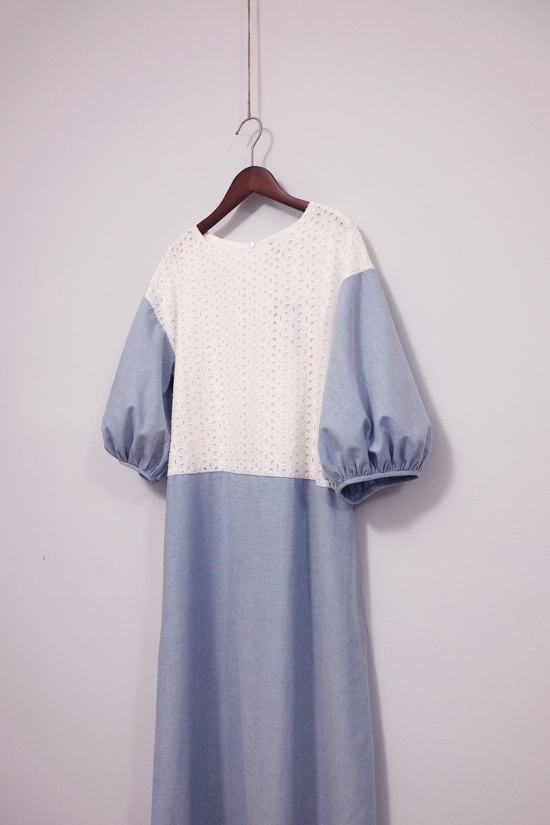 Round neck, dropped shoulders, long sleeves, long ocean/light blue and white lace - One Piece Dresses - Cotton & Hemp Multicolor