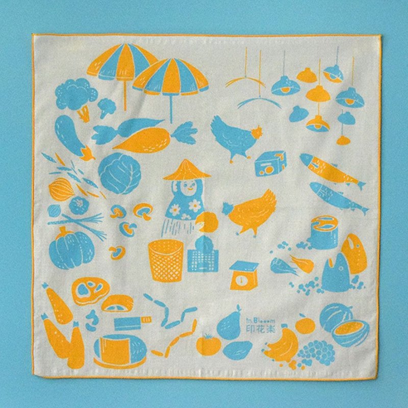 Furoshiki Cloth / Food Market / Fresh Yellow & Blue - Knitting, Embroidery, Felted Wool & Sewing - Cotton & Hemp Blue
