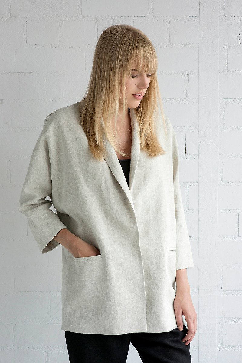 Linen Jacket Motumo – 17SV1 / Handmade loose linen jacket with pockets  - 女大衣/外套 - 亞麻 