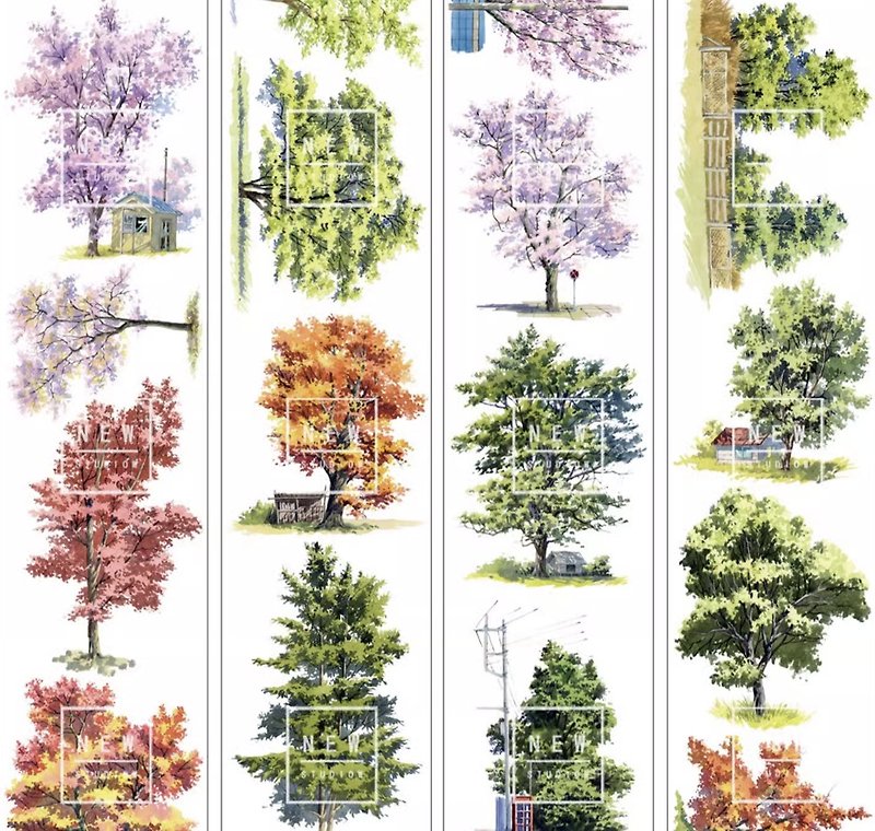 Luxurious four-season trees on the road, watercolor landscaping, PET Washi tape, 10-meter roll made in Taiwan - มาสกิ้งเทป - วัสดุอื่นๆ หลากหลายสี