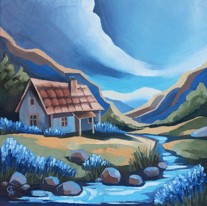 风景油画 山峦 原创艺术 河流 艺术品 乡村墙饰 - 海報/掛畫/掛布 - 其他材質 藍色