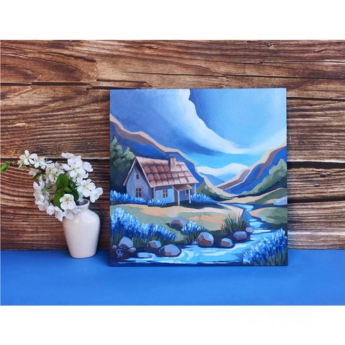 風景油絵 山 オリジナルアート 川沿いの家 アートワーク