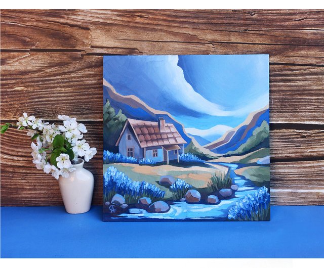 油絵風景画山と川 （解説】🏔山の日の風景画絵手紙『山と川』6月