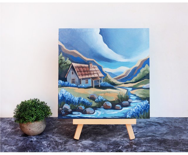 風景画 山と川の油絵 - メルカリ