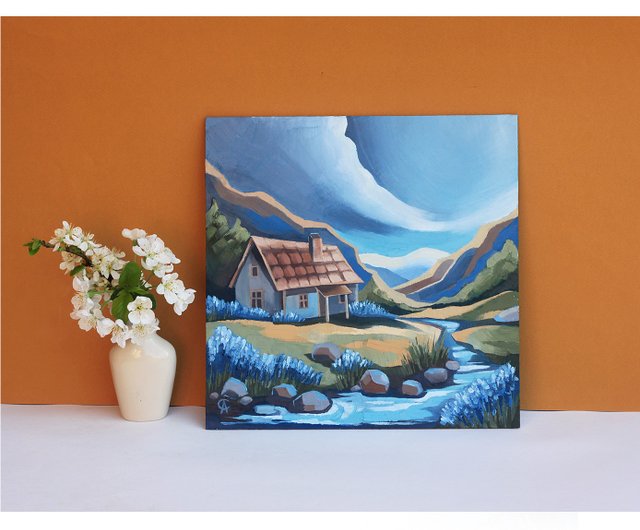 風景油絵 山 オリジナルアート 川沿いの家 アートワーク