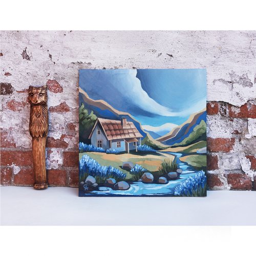 風景油絵 山 オリジナルアート 川沿いの家 アートワーク