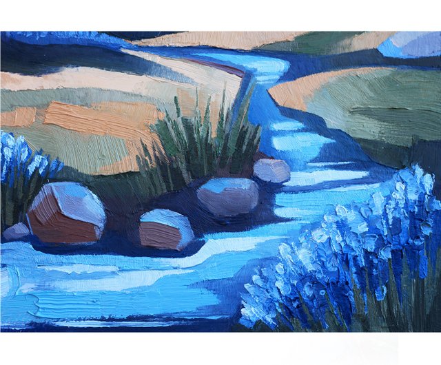 風景油絵 山 オリジナルアート 川沿いの家 アートワーク