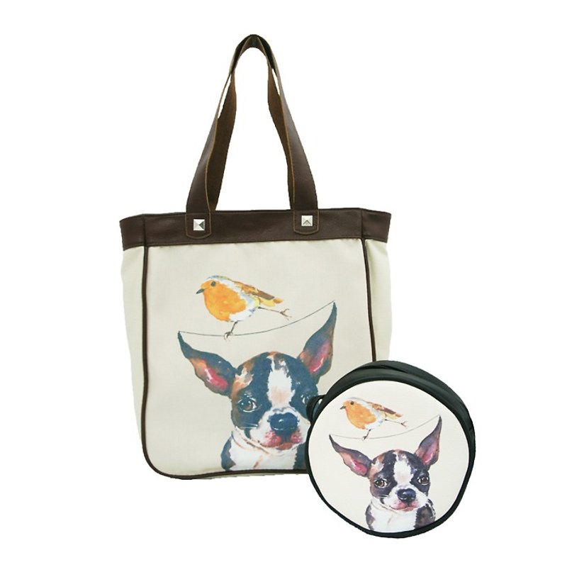 Sleepyville Critters - dog v.s. bird Fabric Tote Bag + Round Shoulder Crossbag - Messenger Bags & Sling Bags - Genuine Leather Khaki