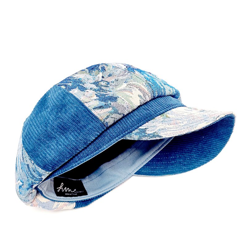 客訂【HiGh MaLi】冬季報童帽/文藝復興刺繡藍/拼接#藝術#客製化 - 帽子 - 其他人造纖維 藍色