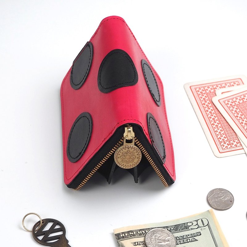 Round zipper compact wallet / Ladybug - กระเป๋าสตางค์ - หนังแท้ สีแดง