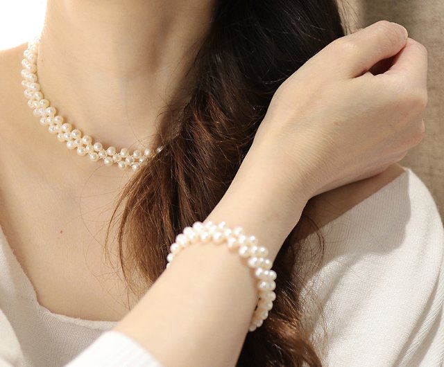 桃の花を生かす】淡水真珠ネックレス/ブレスレットセット|春の真珠