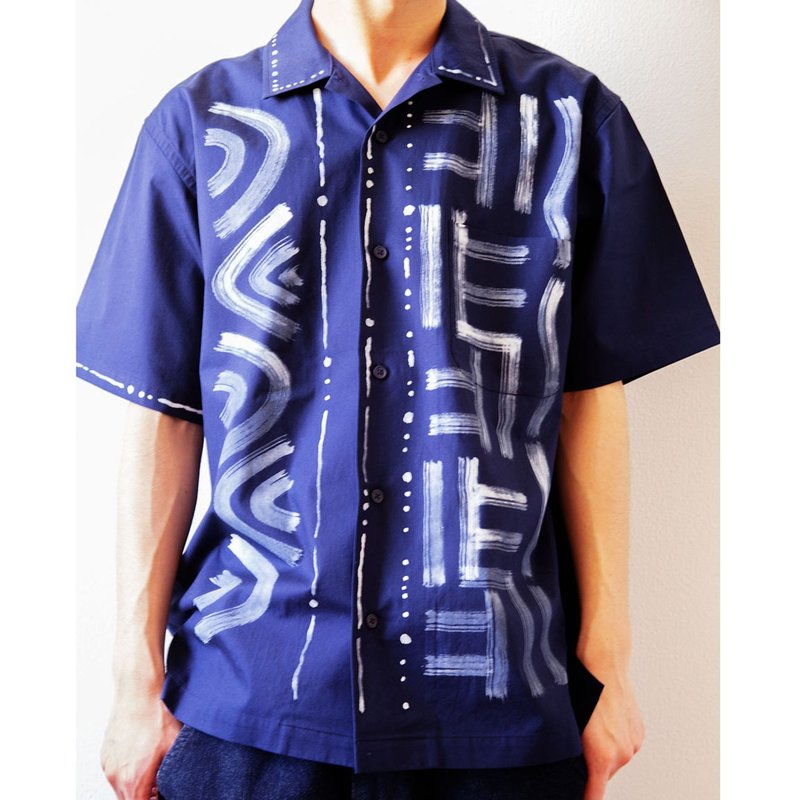 African traditional art pattern painted open front navy blue shirt No. 1031 cott - Unisex Hoodies & T-Shirts - Cotton & Hemp Multicolor