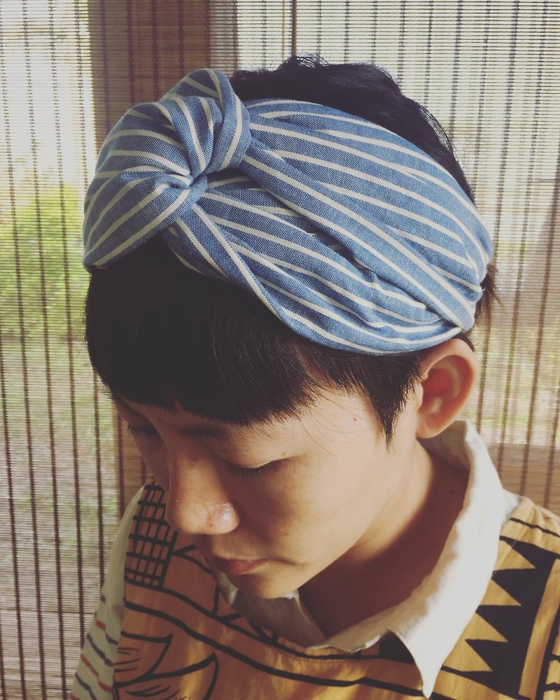 The last piece of imported cotton cloth blue stripe wide hair lead band - Hair Accessories - Cotton & Hemp Blue