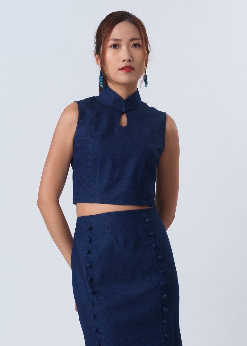 Sleeveless Denim Qipao Top (Denim Blue) - Women's Vests - Polyester Blue