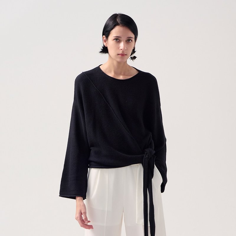 AVVJOY | 波西米亞針織毛衣長袖寬鬆黑色百搭 - 女上衣/長袖上衣 - 其他材質 黑色