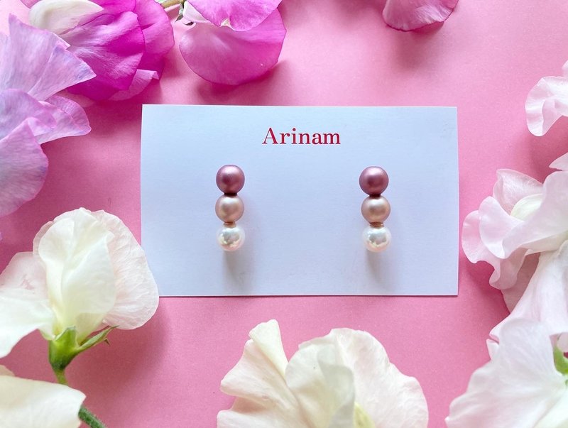 【パール ピンク 春　桜】Mauve pink × Rose pink × White pearl (樹脂ピアス) - 耳環/耳夾/耳骨夾 - 珍珠 粉紅色